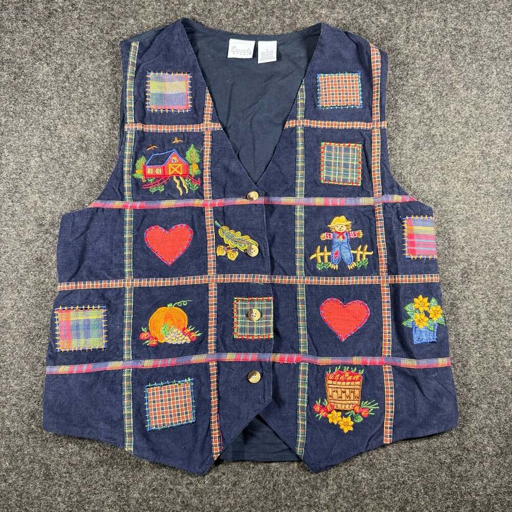 Cascade Blues Vintage 90s Fall Harvest Farm Scene Embroidered Corduroy Patchwork